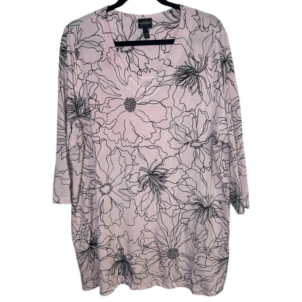 Ulla Popken Pink Black Floral Slinky Stretchy Knit 3/4 Sleeve Top Size 20/22